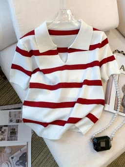 2026 New Striped Pattern Collared Sweater Versatile Short Sleeve Knitted Top For Spring & Summer Women's Clothing Crop Top