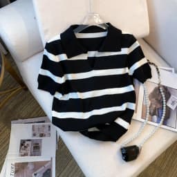 2026 New Striped Pattern Collared Sweater Versatile Short Sleeve Knitted Top For Spring & Summer Women's Clothing Crop Top