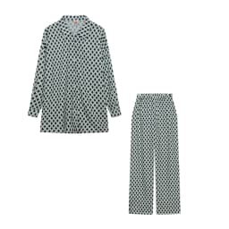 2022 Cross Border Hot Edition Street Trendy Print Trouser Set Long Sleeve Full Screen Print Off Shoulder Shirt Set