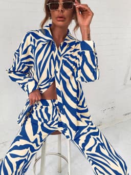 2022 Cross Border Hot Edition Street Trendy Print Trouser Set Long Sleeve Full Screen Print Off Shoulder Shirt Set