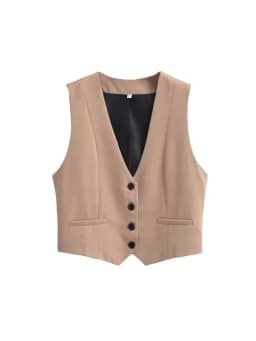 Women Fashion Front Buttons Cropped Waistcoat Vintage V Neck Sleeveless Female Outerwear Chic Tops