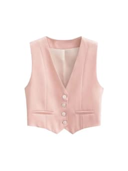 Women Fashion Front Buttons Cropped Waistcoat Vintage V Neck Sleeveless Female Outerwear Chic Tops