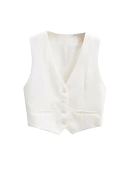 Women Fashion Front Buttons Cropped Waistcoat Vintage V Neck Sleeveless Female Outerwear Chic Tops