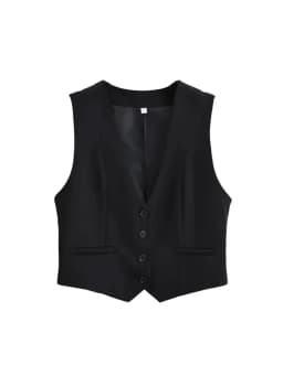 Women Fashion Front Buttons Cropped Waistcoat Vintage V Neck Sleeveless Female Outerwear Chic Tops