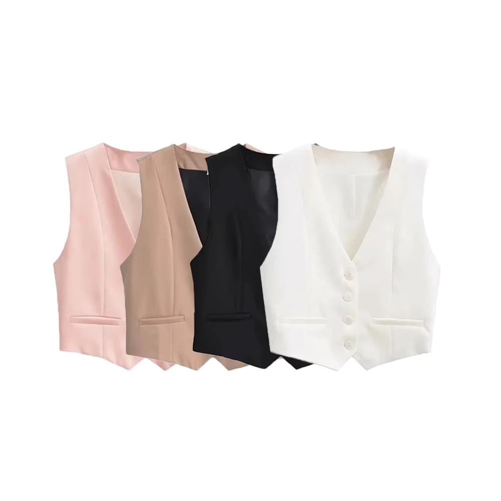 Women Fashion Front Buttons Cropped Waistcoat Vintage V Neck Sleeveless Female Outerwear Chic Tops
