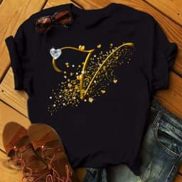 Custom Name Letter Combination Fashion Women T-shirt Diamond Gold Letter Font A B C D E F G Short Sleeve Tops Black T-shirt