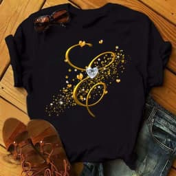 Custom Name Letter Combination Fashion Women T-shirt Diamond Gold Letter Font A B C D E F G Short Sleeve Tops Black T-shirt