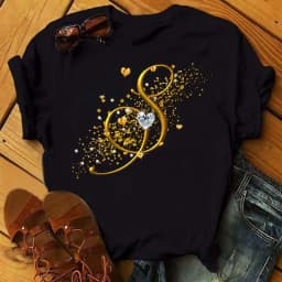 Custom Name Letter Combination Fashion Women T-shirt Diamond Gold Letter Font A B C D E F G Short Sleeve Tops Black T-shirt