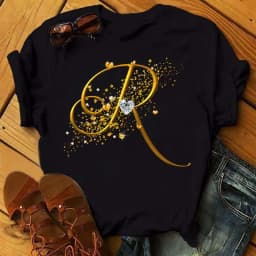 Custom Name Letter Combination Fashion Women T-shirt Diamond Gold Letter Font A B C D E F G Short Sleeve Tops Black T-shirt