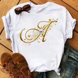 Custom Name Letter Combination Fashion Women T-shirt Diamond Gold Letter Font A B C D E F G Short Sleeve Tops Black T-shirt
