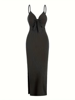 Europe and America Knit Simple Sleeveless Suspender Dress in Spring and Summer, Leaking Back and sexy Long Skirt with Neck.