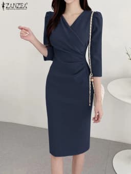 ZANZEA Women’s Sexy V-Neck Bodycon Party Dress, Ruched Waist Knee Length Dress 3/4 Sleeve, Summer Elegant Office Work Robe Femme