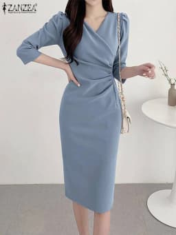 ZANZEA Women’s Sexy V-Neck Bodycon Party Dress, Ruched Waist Knee Length Dress 3/4 Sleeve, Summer Elegant Office Work Robe Femme