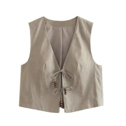 MUJER 2025 Black Cropped Vest Women Jacket Beading Tied Sleeveless Vest Woman Fashion V Neck Summer Vest Short Coats Waistcoat