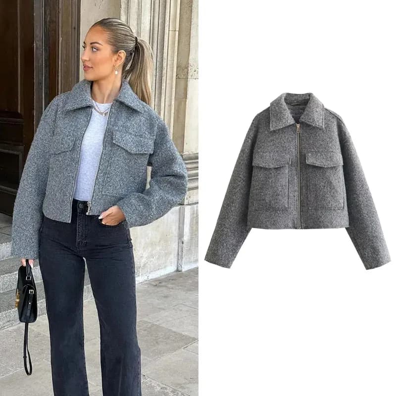MUJER Tweed Cropped Jackets for Women Autumn Winter Short Coat Jacket Women Zip Crop Demi-season Jacket Woman New in Outerwears