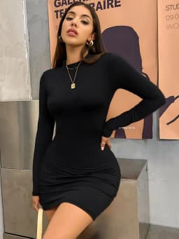 Long Sleeve Slim Bodycon Mini Dress Women Turtleneck Pleated Party Ruched Short Evening Club Outfit Soild Color