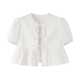 MUJER White Ruffle Crop Top Women Black Short Puff Sleeve Blouse Female Bow Tied Summer Blouses Woman 2025 Ruched Cute Tops