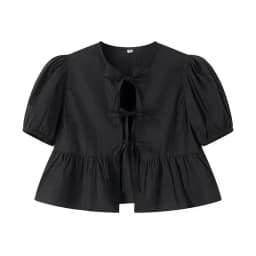 MUJER White Ruffle Crop Top Women Black Short Puff Sleeve Blouse Female Bow Tied Summer Blouses Woman 2025 Ruched Cute Tops