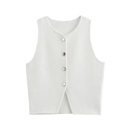MUJER Cropped Knit Vest Women Cardigan White Sleeveless Vest Woman Fashion Button Knitted Sweater Vest Female Summer Short Tops