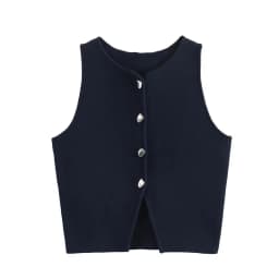 MUJER Cropped Knit Vest Women Cardigan White Sleeveless Vest Woman Fashion Button Knitted Sweater Vest Female Summer Short Tops