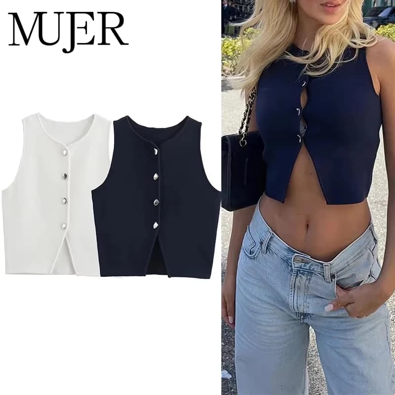 MUJER Cropped Knit Vest Women Cardigan White Sleeveless Vest Woman Fashion Button Knitted Sweater Vest Female Summer Short Tops