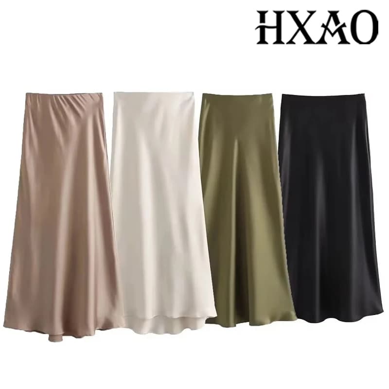 HXAO Satin Midi Women Skirt Mid Waist Folds Lady Skirt 2024 Spring Summer New Fashion Elegant Casual Office Women Clothing