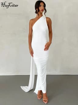 Hugcitar One Shoulder Backless Adjustable Scarf Loop Ruched Sexy Maxi Dress Women Elegant Y2K Streetwear Festival Outfit