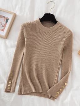 2026 women thick sweater pullovers khaki casual autumn winter button o-neck chic sweater female slim knit top soft jumper tops