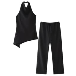 HH Women Vintage Solid Pant Sets Sexy Backless Halter Camis Top Asymmetric Tank Top + Drawstring Trousers Fashion Streetwear