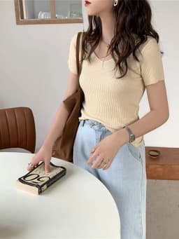 AOSSVIAO 2026 Basic V-neck Solid Thin Summer Pullover Women Female Knitted Ribbed Sweater Slim Short Sleeve Bodycon Sweater
