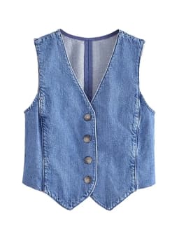 Women Fashion Front Button Denim Waistcoat Vintage V Neck Sleeveless Female Outerwear Chic Vest Tops