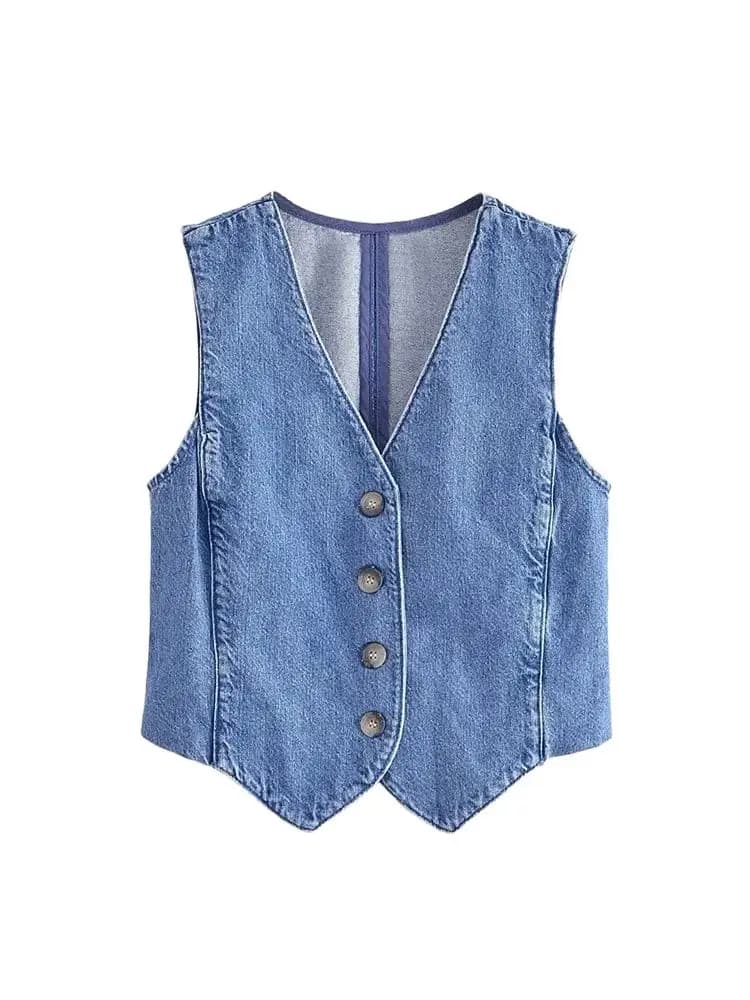 Women Fashion Front Button Denim Waistcoat Vintage V Neck Sleeveless Female Outerwear Chic Vest Tops