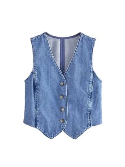 Women Fashion Front Button Denim Waistcoat Vintage V Neck Sleeveless Female Outerwear Chic Vest Tops