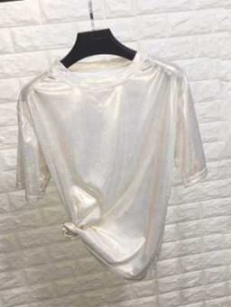 summer woman tops shiny loose short sleeve t-shirt sexy club aesthetic harajuku women stylish bright silk tshirt