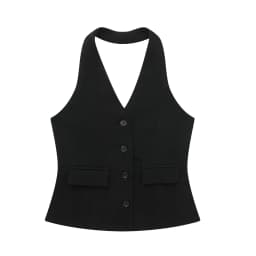 HH Women 2 Piece Set Halter Neck Single-Breasted Pocket Sleeveless Halter Vest Tops+High Waist Zipper Pockets Wide Leg Pant