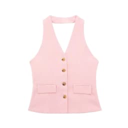 HH Women 2 Piece Set Halter Neck Single-Breasted Pocket Sleeveless Halter Vest Tops+High Waist Zipper Pockets Wide Leg Pant