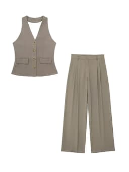 HH Women 2 Piece Set Halter Neck Single-Breasted Pocket Sleeveless Halter Vest Tops+High Waist Zipper Pockets Wide Leg Pant