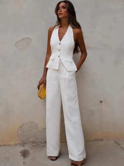 HH Women 2 Piece Set Halter Neck Single-Breasted Pocket Sleeveless Halter Vest Tops+High Waist Zipper Pockets Wide Leg Pant