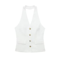 HH Women 2 Piece Set Halter Neck Single-Breasted Pocket Sleeveless Halter Vest Tops+High Waist Zipper Pockets Wide Leg Pant