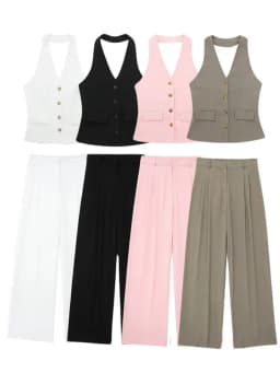 HH Women 2 Piece Set Halter Neck Single-Breasted Pocket Sleeveless Halter Vest Tops+High Waist Zipper Pockets Wide Leg Pant