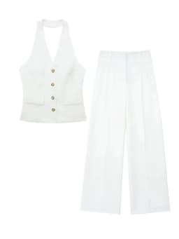 HH Women 2 Piece Set Halter Neck Single-Breasted Pocket Sleeveless Halter Vest Tops+High Waist Zipper Pockets Wide Leg Pant