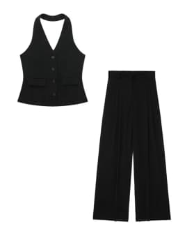 HH Women 2 Piece Set Halter Neck Single-Breasted Pocket Sleeveless Halter Vest Tops+High Waist Zipper Pockets Wide Leg Pant