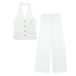 HH Women 2 Piece Set Halter Neck Single-Breasted Pocket Sleeveless Halter Vest Tops+High Waist Zipper Pockets Wide Leg Pant