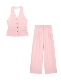 HH Women 2 Piece Set Halter Neck Single-Breasted Pocket Sleeveless Halter Vest Tops+High Waist Zipper Pockets Wide Leg Pant
