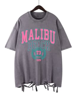 Malibu Beach Washed T-Shirt Women Letter Printing Cotton T Shirt Comfortable Crewneck Tops Casual Oversized Tees Female Clothes