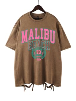 Malibu Beach Washed T-Shirt Women Letter Printing Cotton T Shirt Comfortable Crewneck Tops Casual Oversized Tees Female Clothes