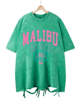 Malibu Beach Washed T-Shirt Women Letter Printing Cotton T Shirt Comfortable Crewneck Tops Casual Oversized Tees Female Clothes