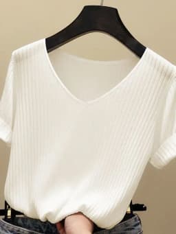 Knitted Short Sleeve Women V-Neck T Shirts 2026 Blue Slim Black Thin Knit Orange Tops Ladies Summer Camiseta Summer T Shirts