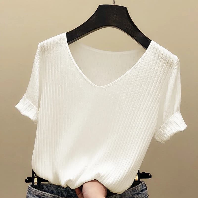 Knitted Short Sleeve Women V-Neck T Shirts 2026 Blue Slim Black Thin Knit Orange Tops Ladies Summer Camiseta Summer T Shirts
