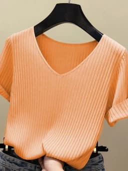 Knitted Short Sleeve Women V-Neck T Shirts 2026 Blue Slim Black Thin Knit Orange Tops Ladies Summer Camiseta Summer T Shirts